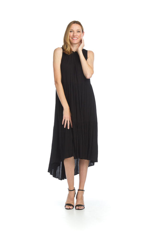 BLACK Tiered Gauze Mock Neck Dress