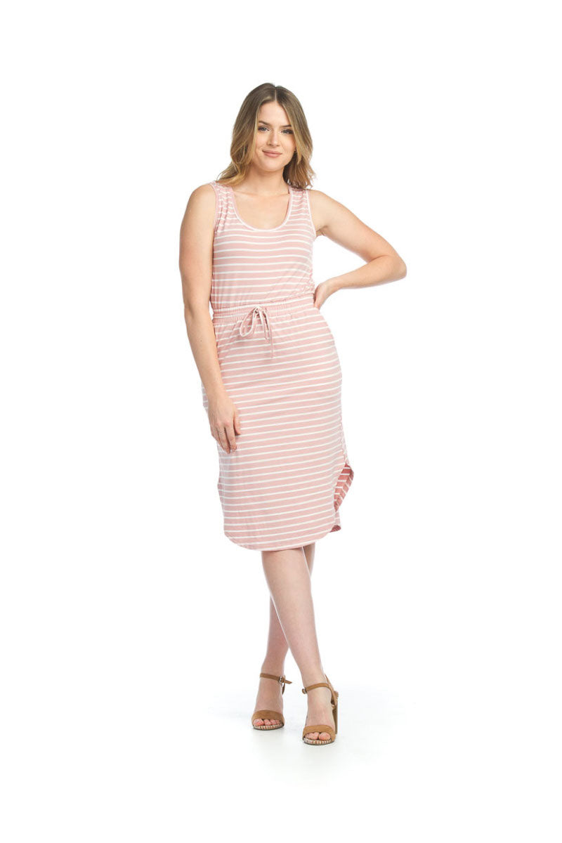 pink Striped Cotton Blend Stretch Dress w Pockets