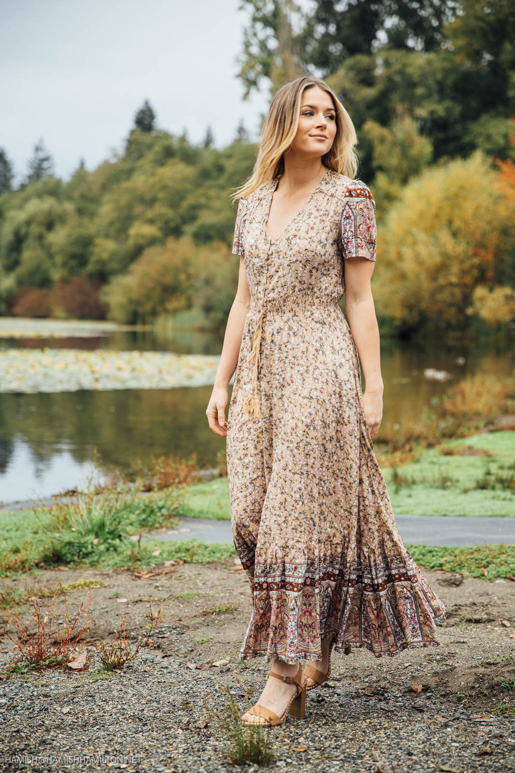 BEIGE Floral Short Sleeve Button Front Maxi