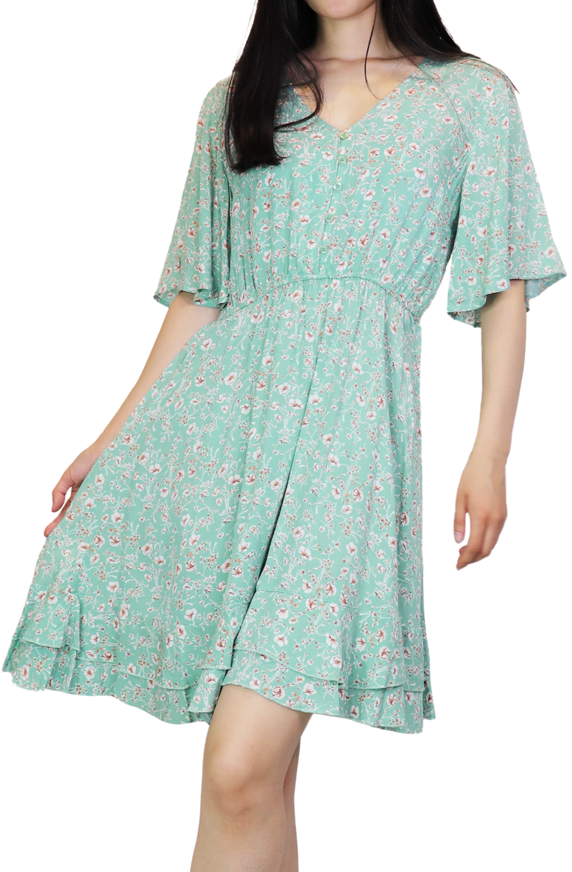 GREEN Floral Henley Dress with Elastic Waist