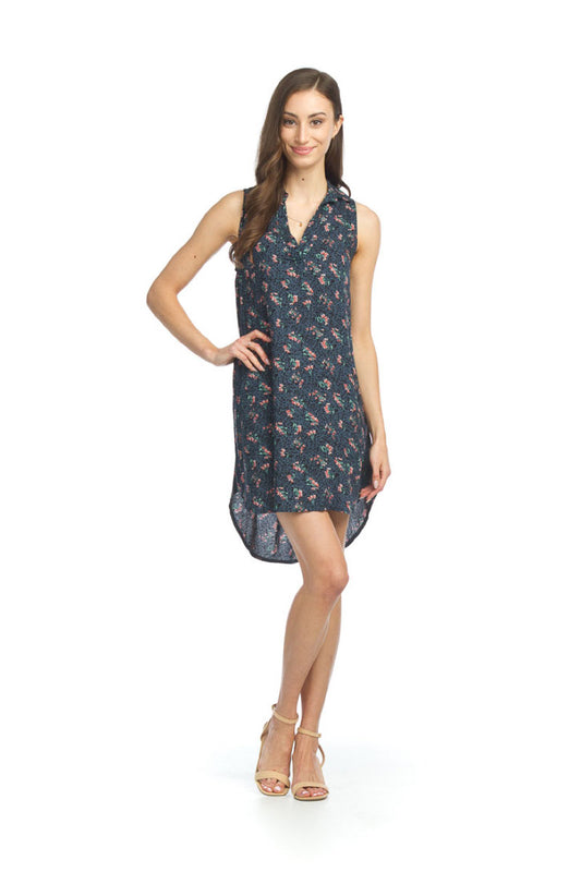 NAVY Floral Collared Shirt Hem Dress