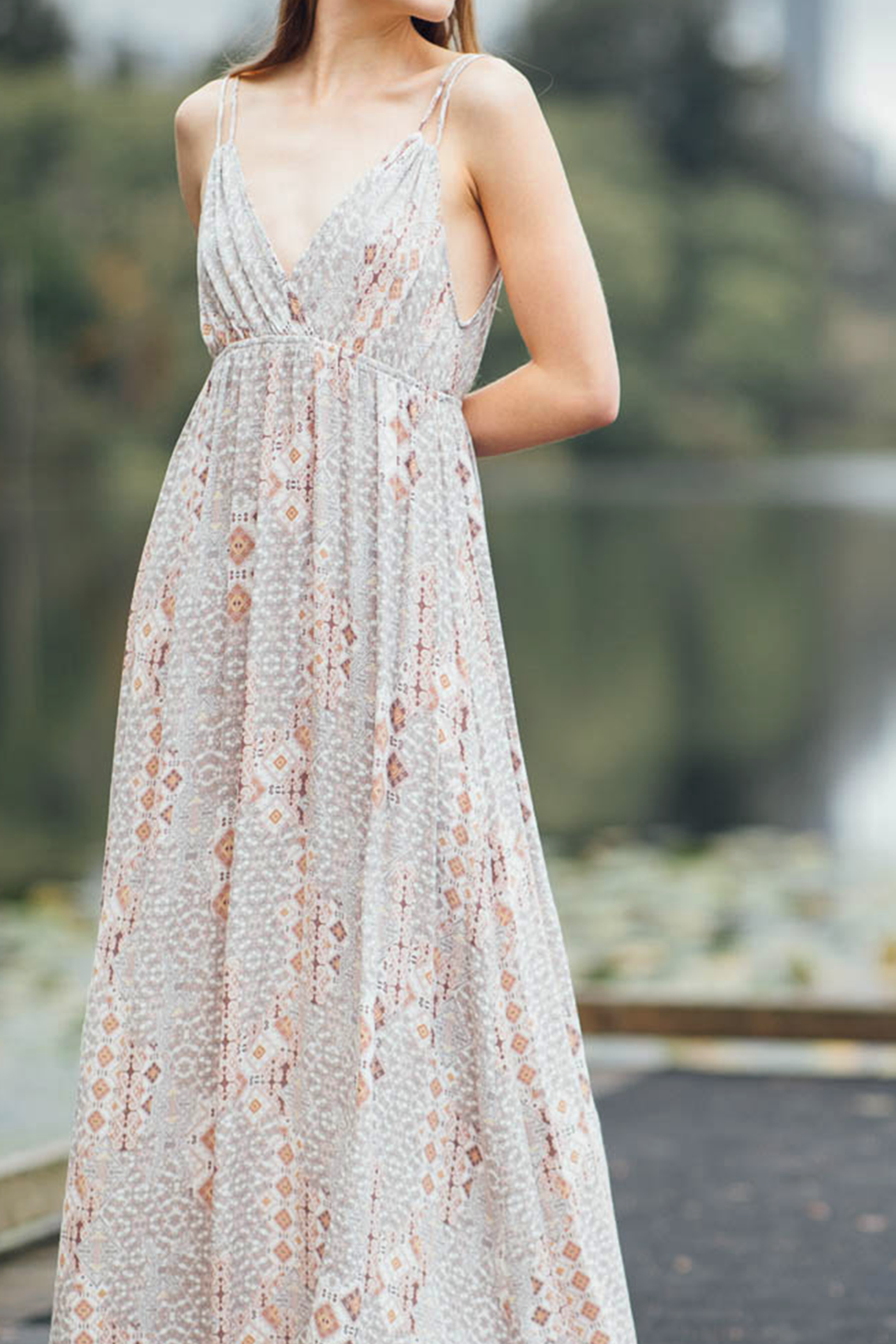 BEIGE Geo Grecian Style Maxi Dress with U Straps