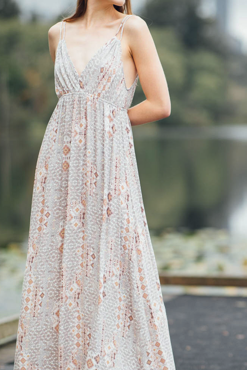 Beige Geo Grecian Style Maxi Dress with U Straps