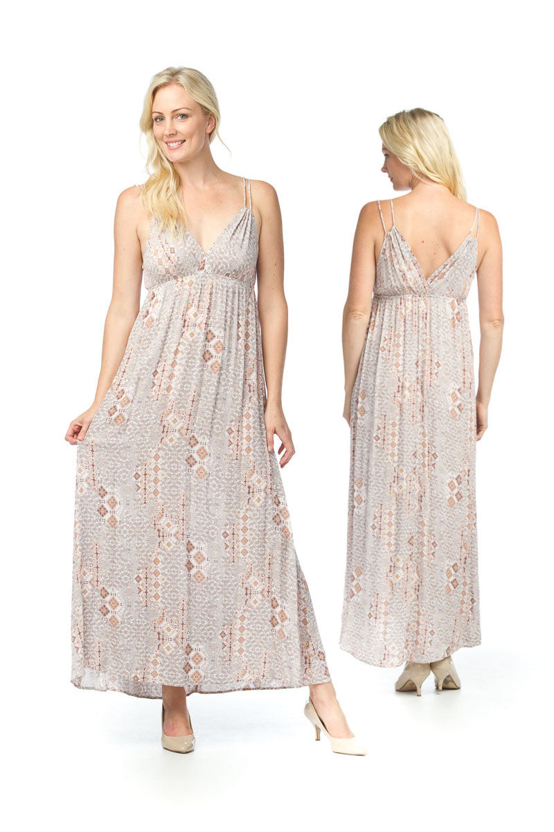 BEIGE Geo Grecian Style Maxi Dress with U Straps