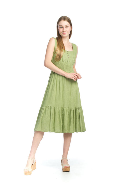 GREEN Smocked Henley Midi Dress with Ruffle Hem