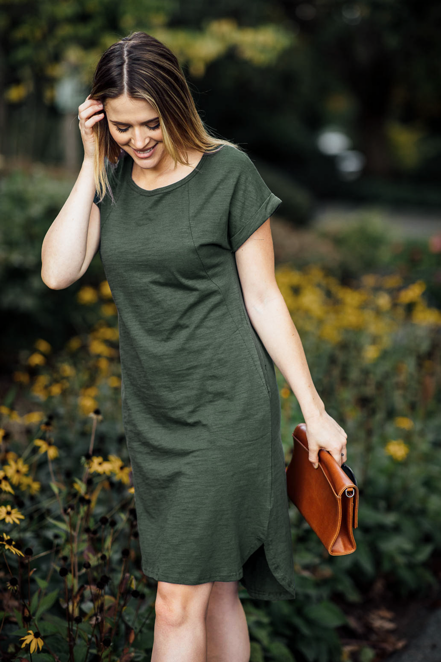 KHAKI Cotton T Shirt Dress with Pockets