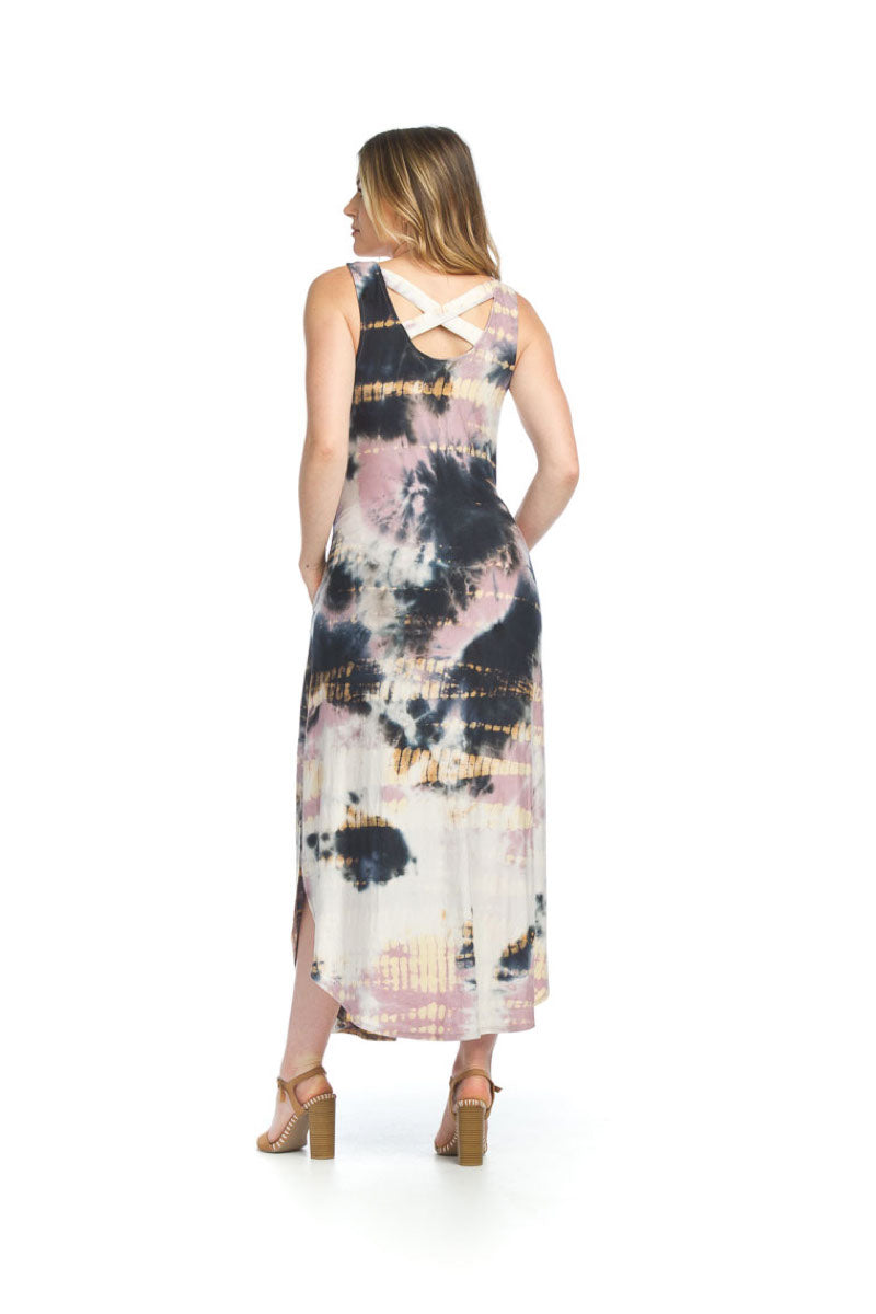 PINK Tie Dye Maxi Dress with Pockets & Cross Back Neck