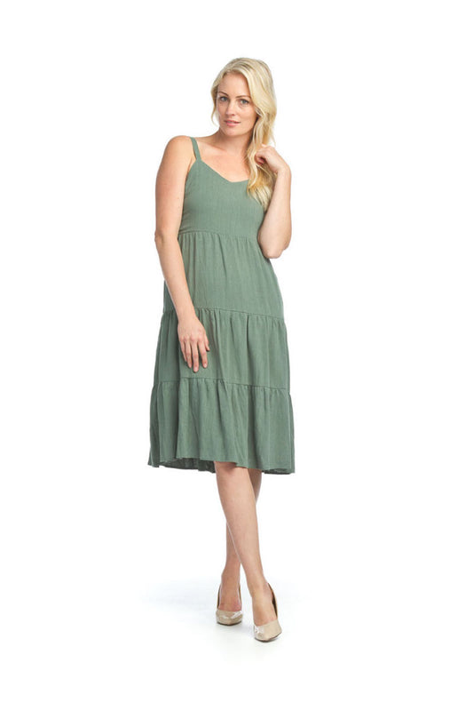 GREEN Linen Blend Tiered Dress with Smocked Back