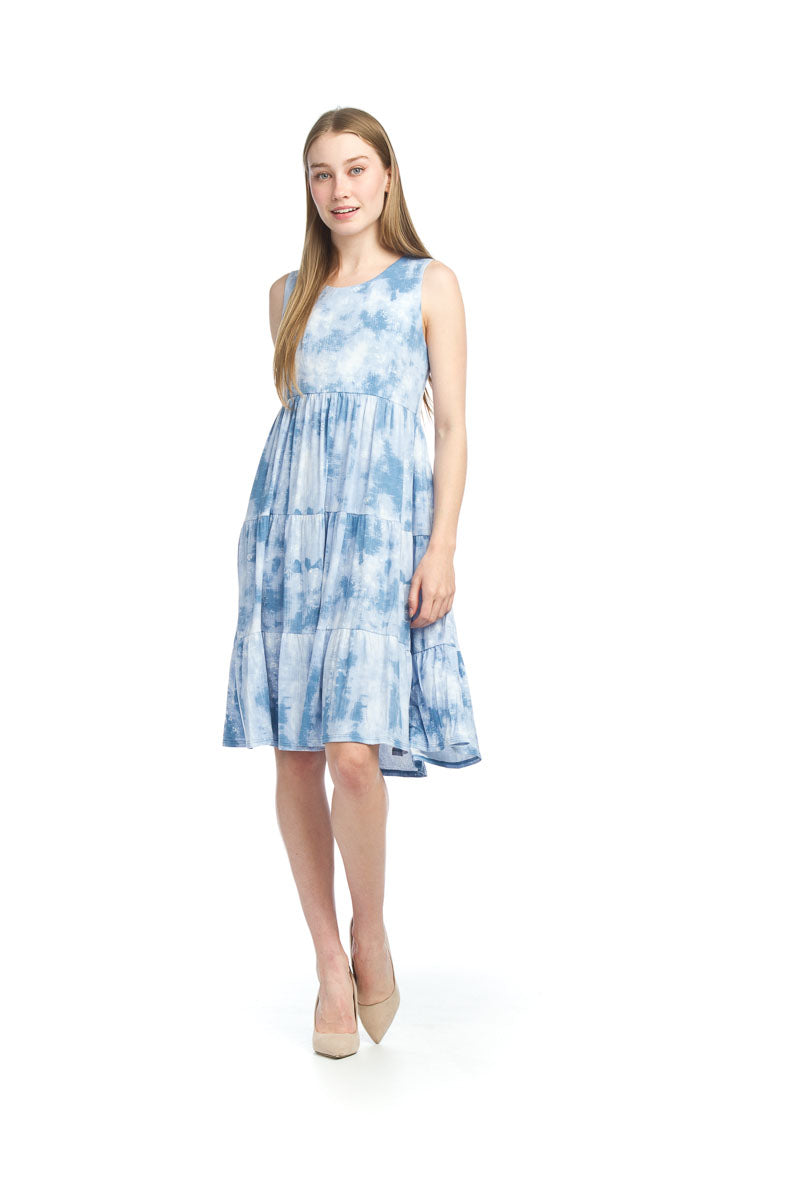 Blue/White Tie Dye Tiered Stretch Dress