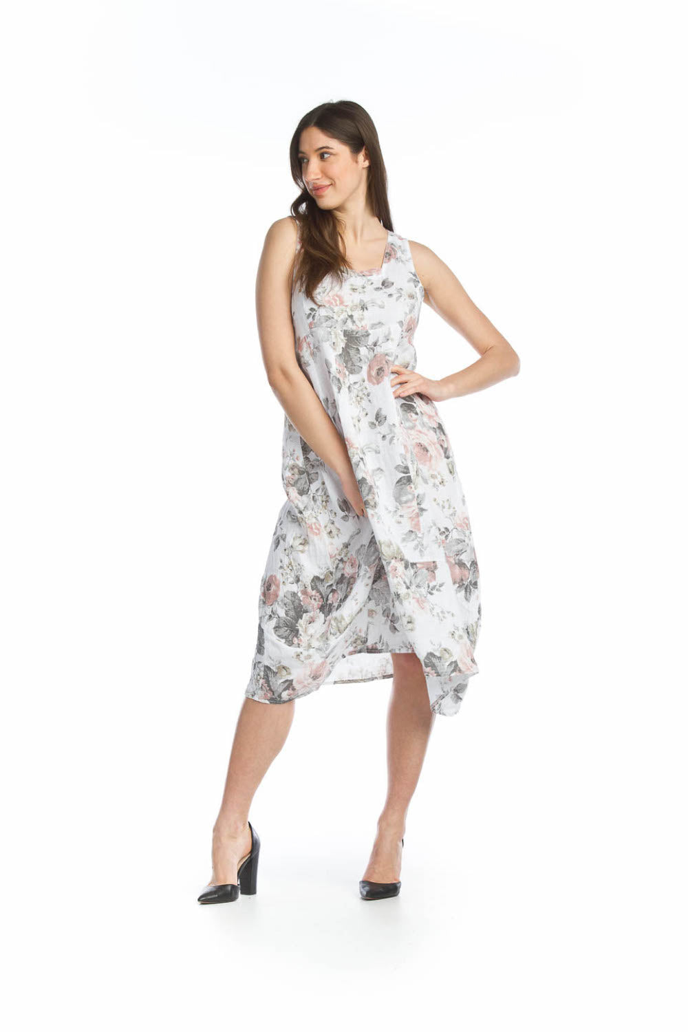 WHITE Floral Linen Panelled Dress with Pockets
