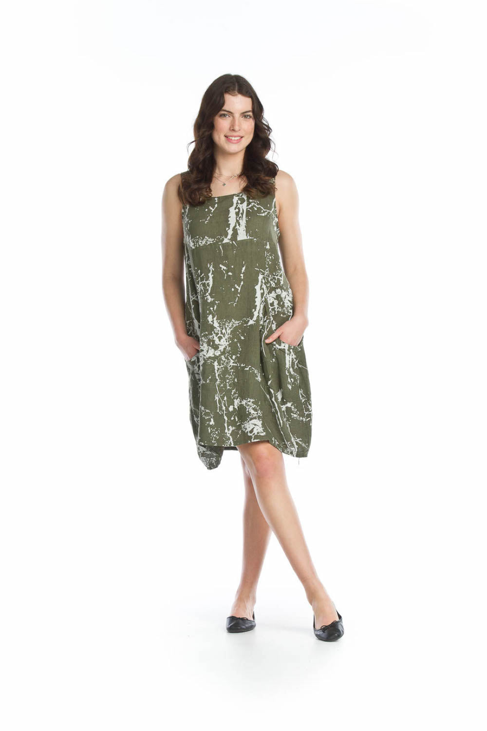 khaki Splatter Look Linen Pocket Hem Dress