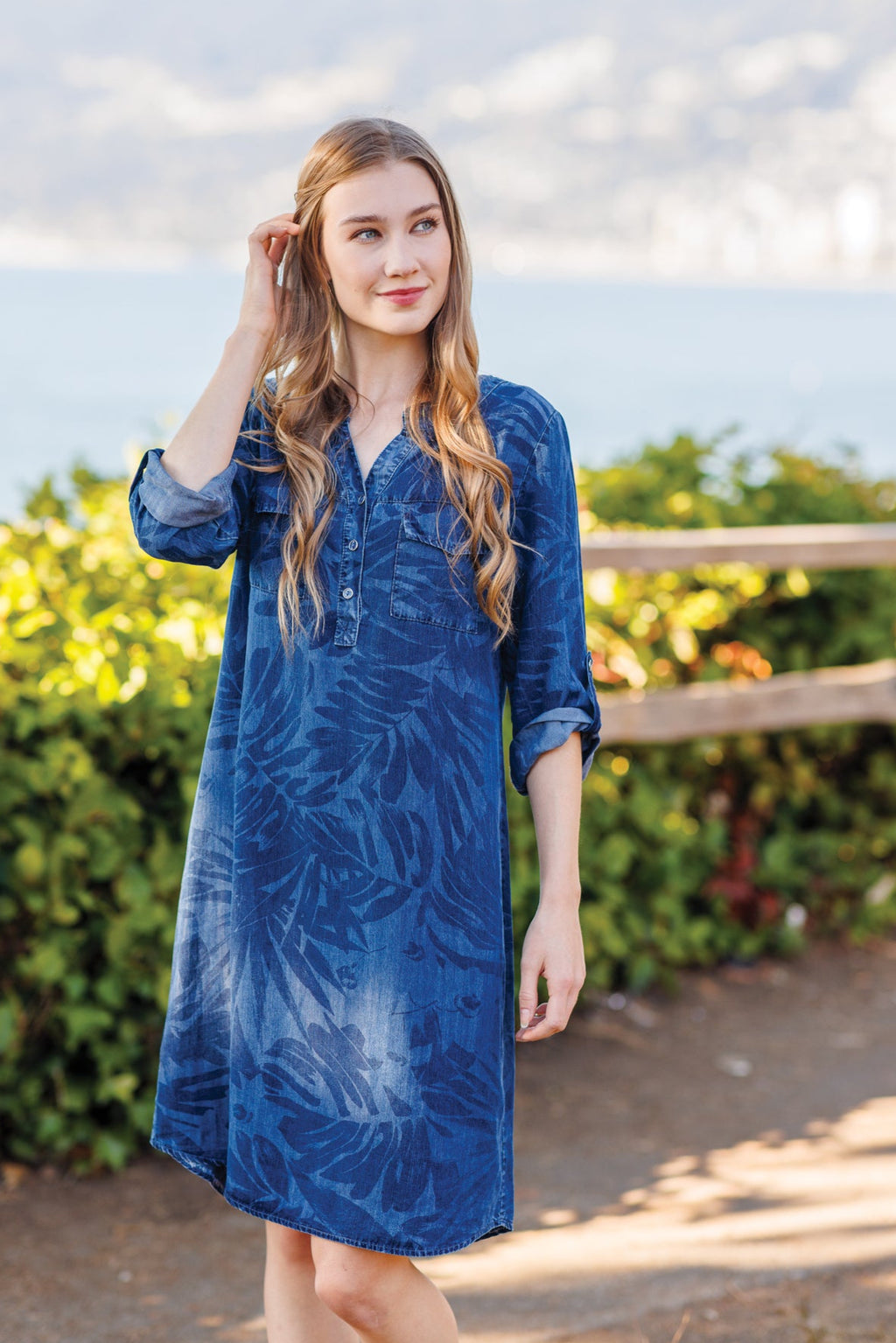 DENIM Floral Lyocell Tab Sleeve Denim Dress