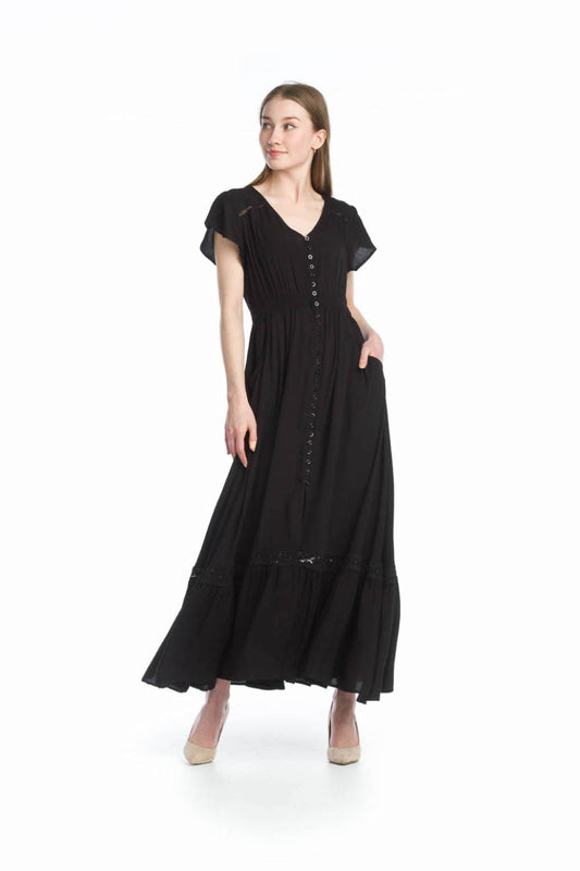 BLACK Solid Lace Inset Maxi Dress with Pockets