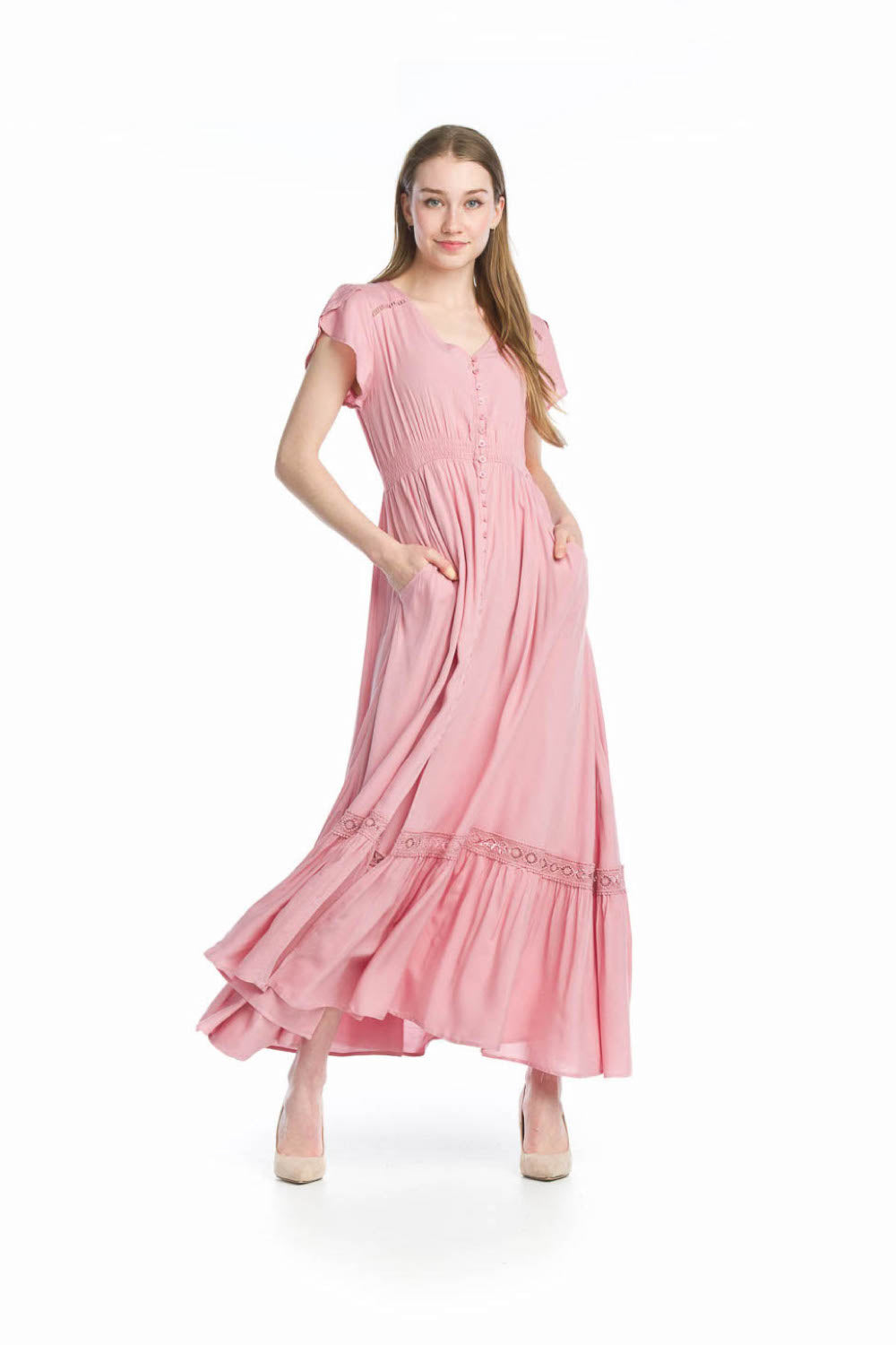 BLUSH Solid Lace Inset Maxi Dress with Pockets