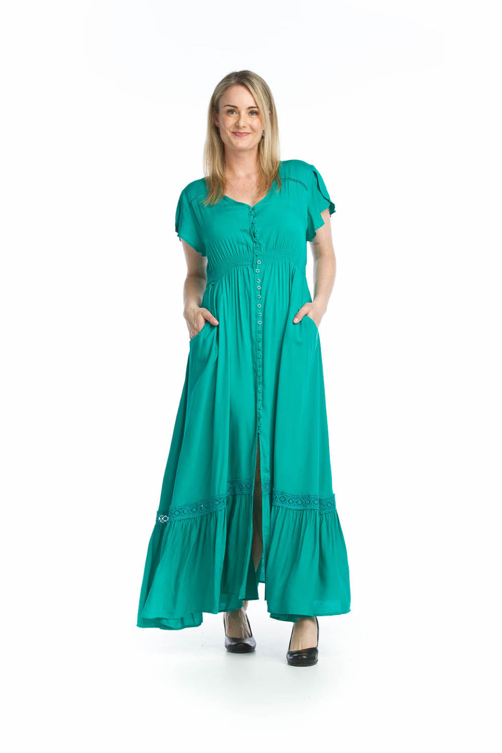 EMERA Solid Lace Inset Maxi Dress with Pockets