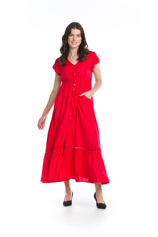 RED Solid Lace Inset Maxi Dress with Pockets