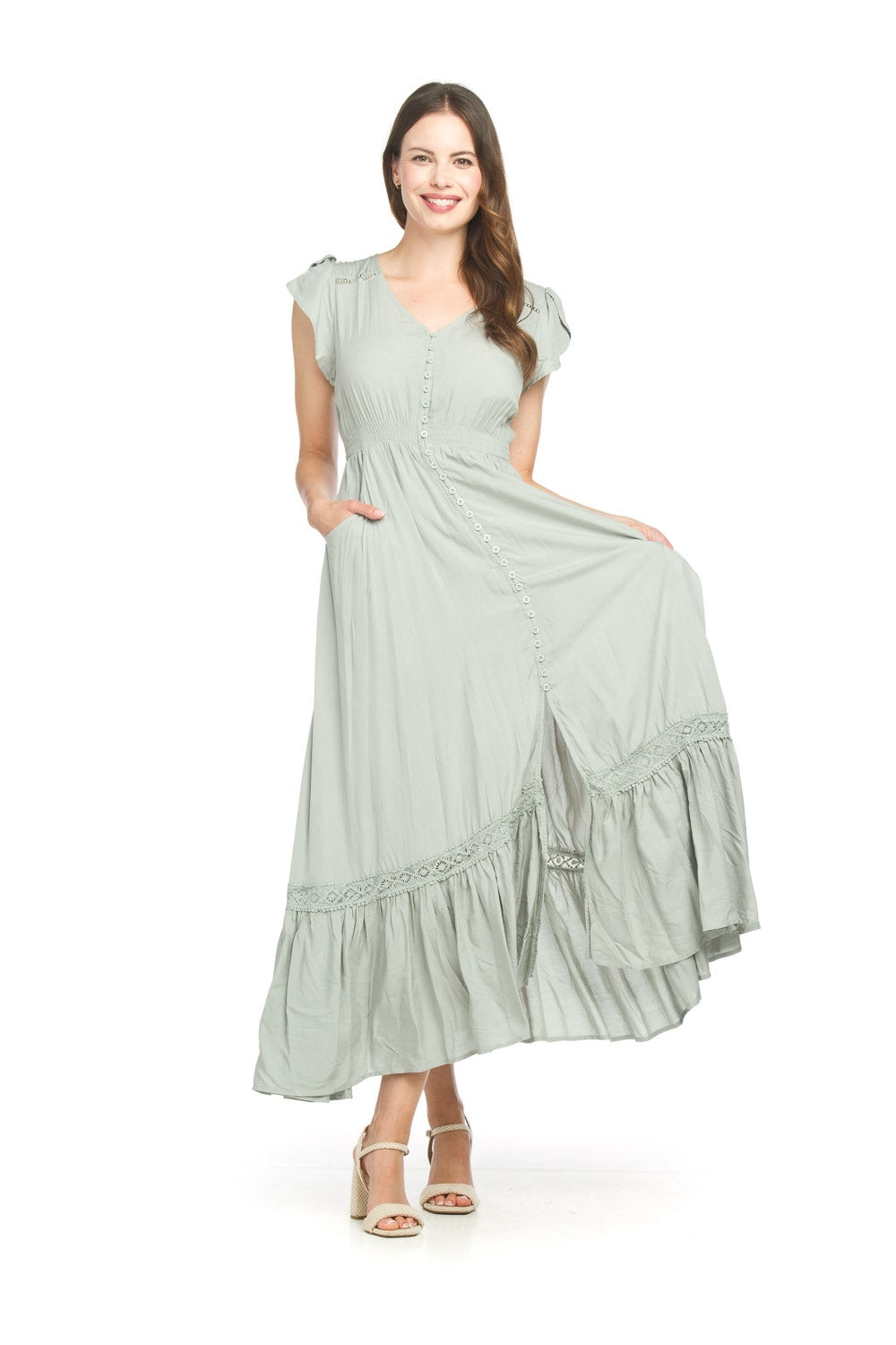 Solid Lace Inset Maxi Dress With Pockets