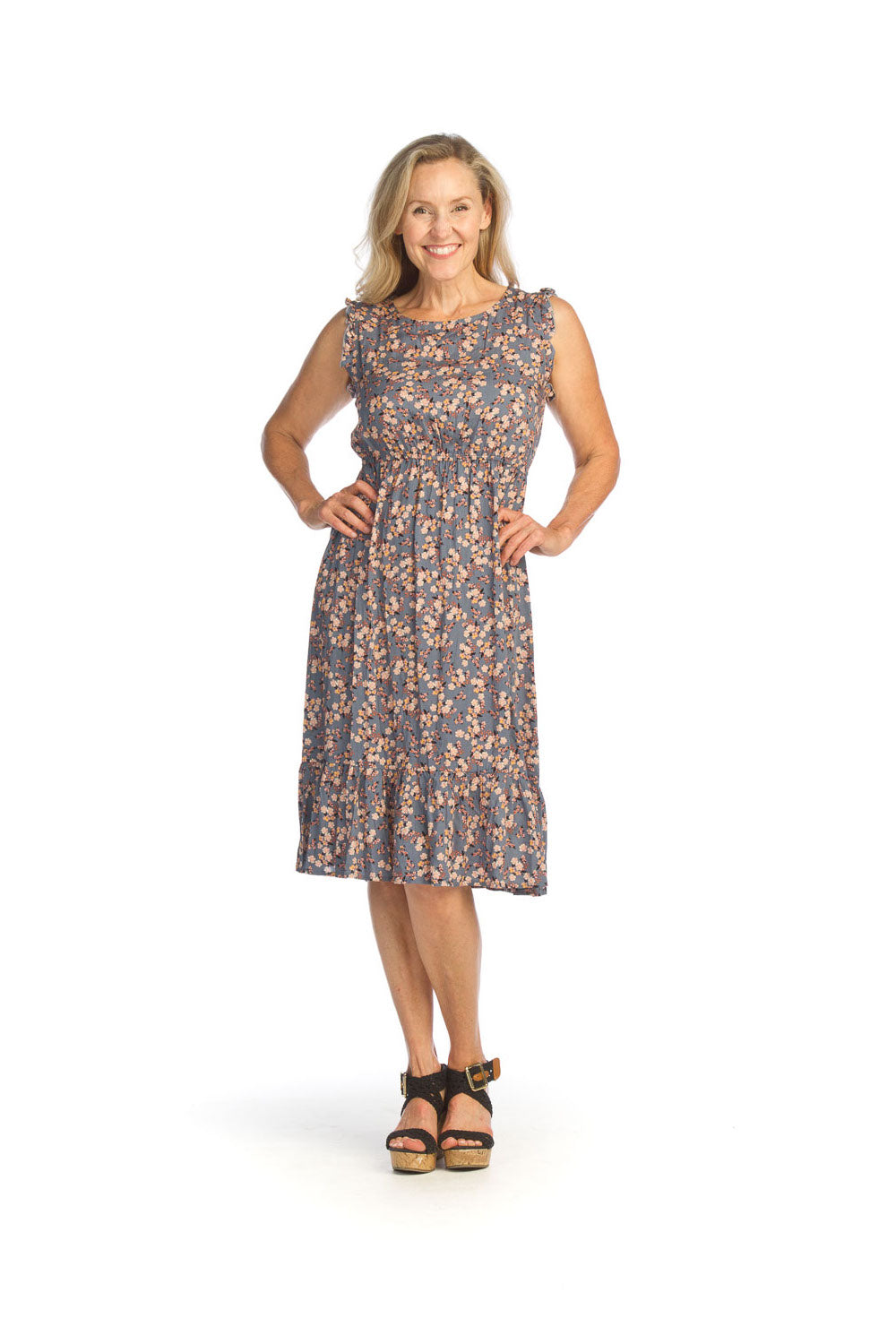 grey Floral Tiered Midi Dress with Ruffle Sleeves