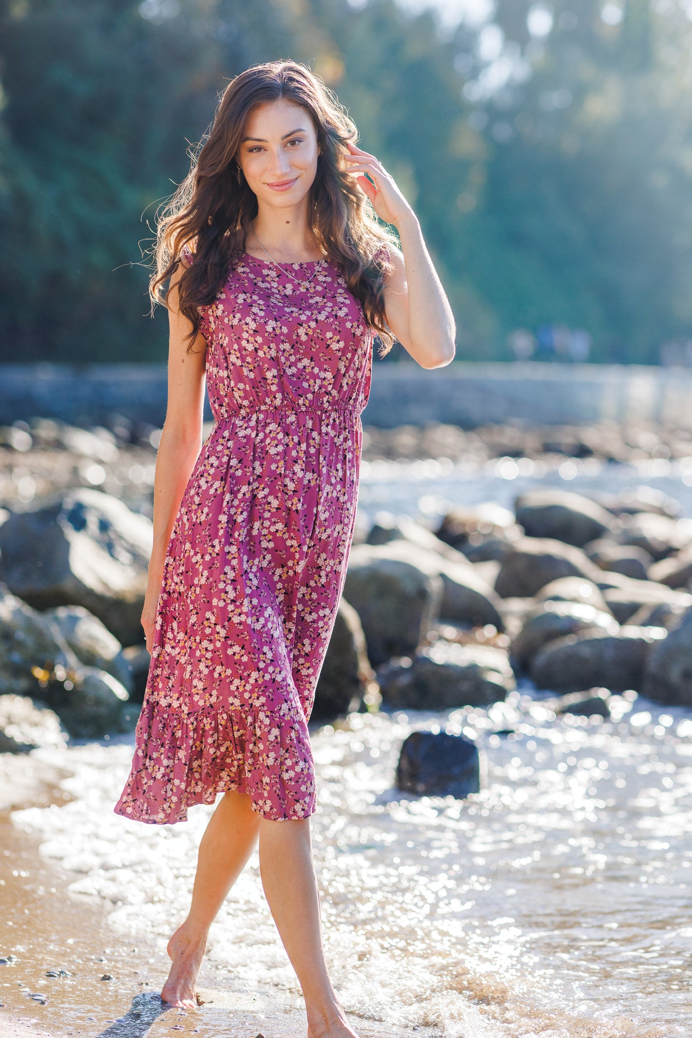 MAUVE Floral Tiered Midi Dress with Ruffle Sleeves