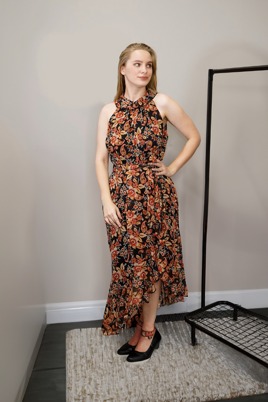 BLACK Paisley Lurex Print Halter High Low Dress