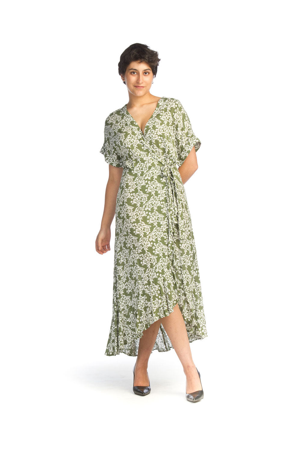 Sage Floral Crinkle Wrap Dress