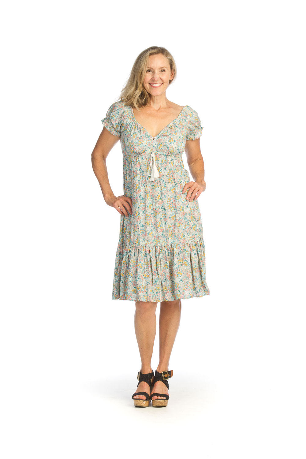 Sage Floral Empire Waist Dress with Ruffle Hem