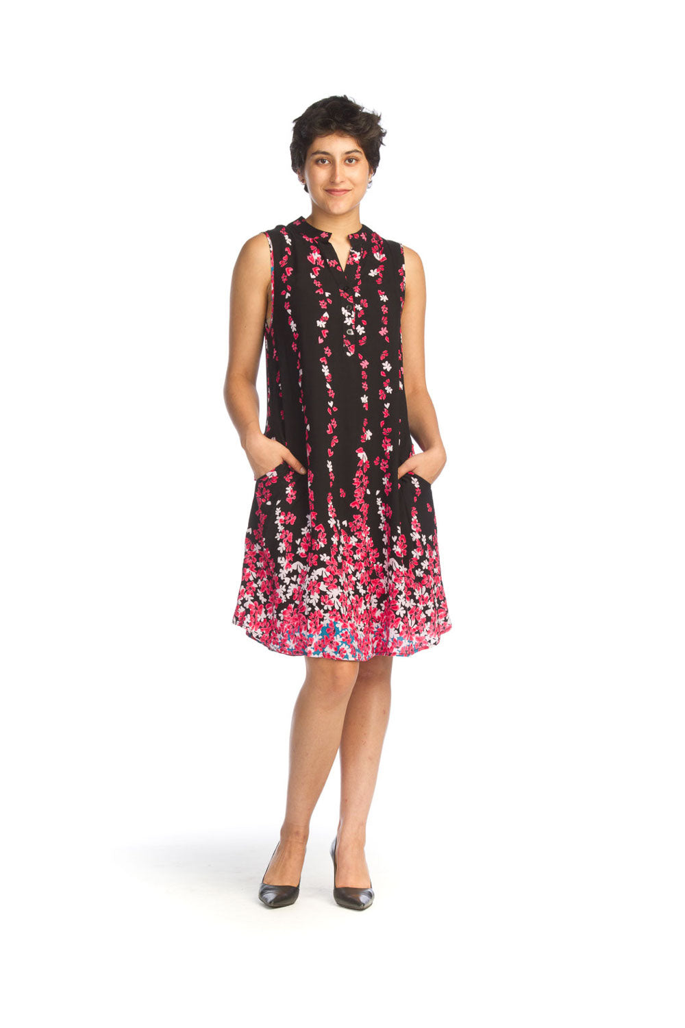 pink Floral Border Print Henley Dress with Pockets