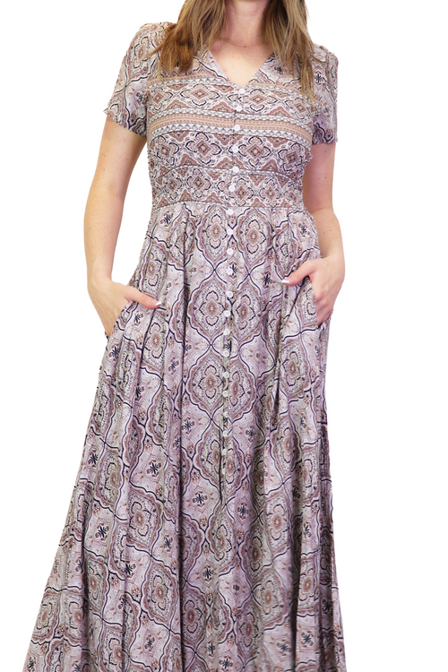Beige Damask Border Print s/s Maxi w Elastic Waist