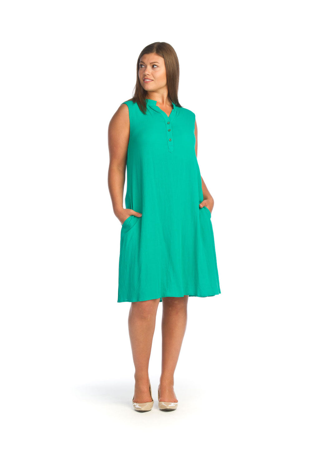 Green Solid Henley Dress with Pockets