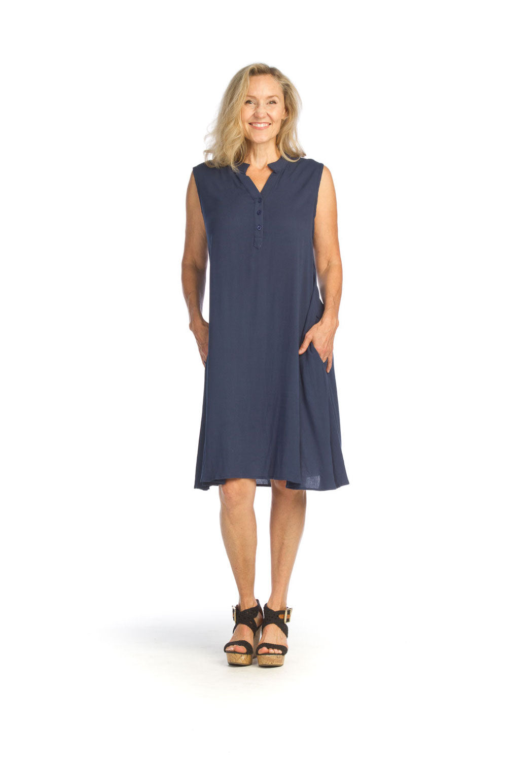 Navy Solid Henley Dress with Pockets