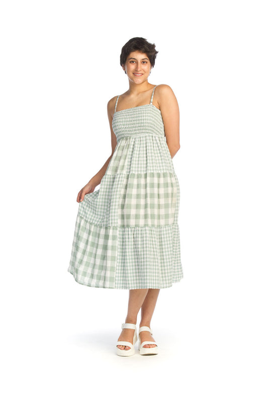 GREEN Patchwork Gingham Tiered Smocked Dress