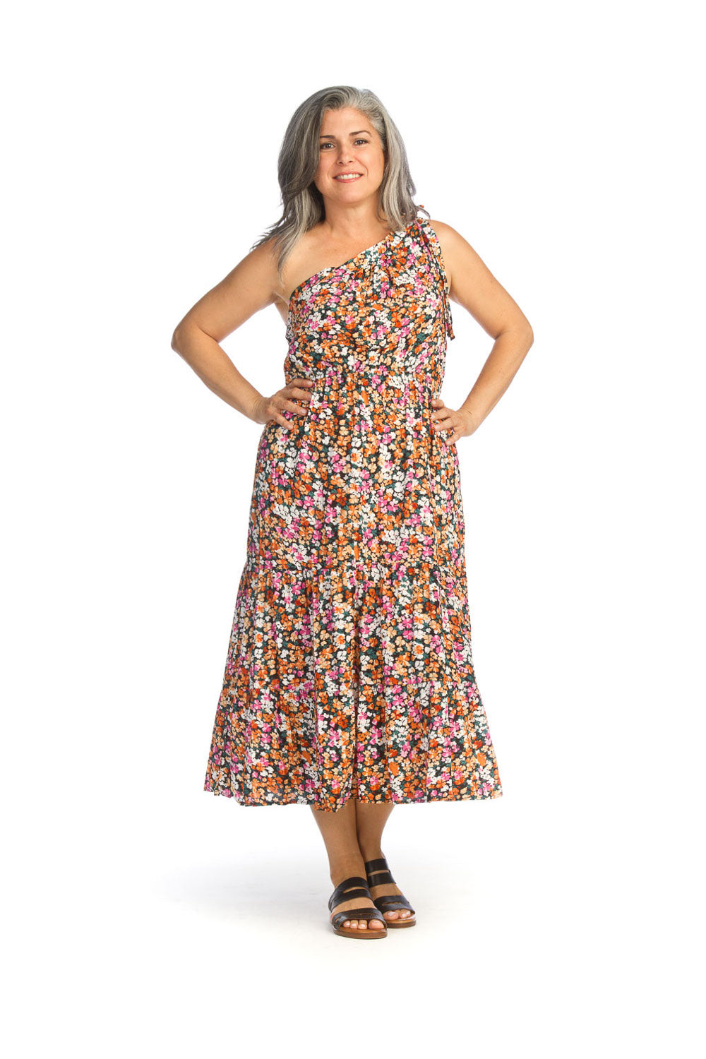 Black Floral One Shoulder Dress with Pockets