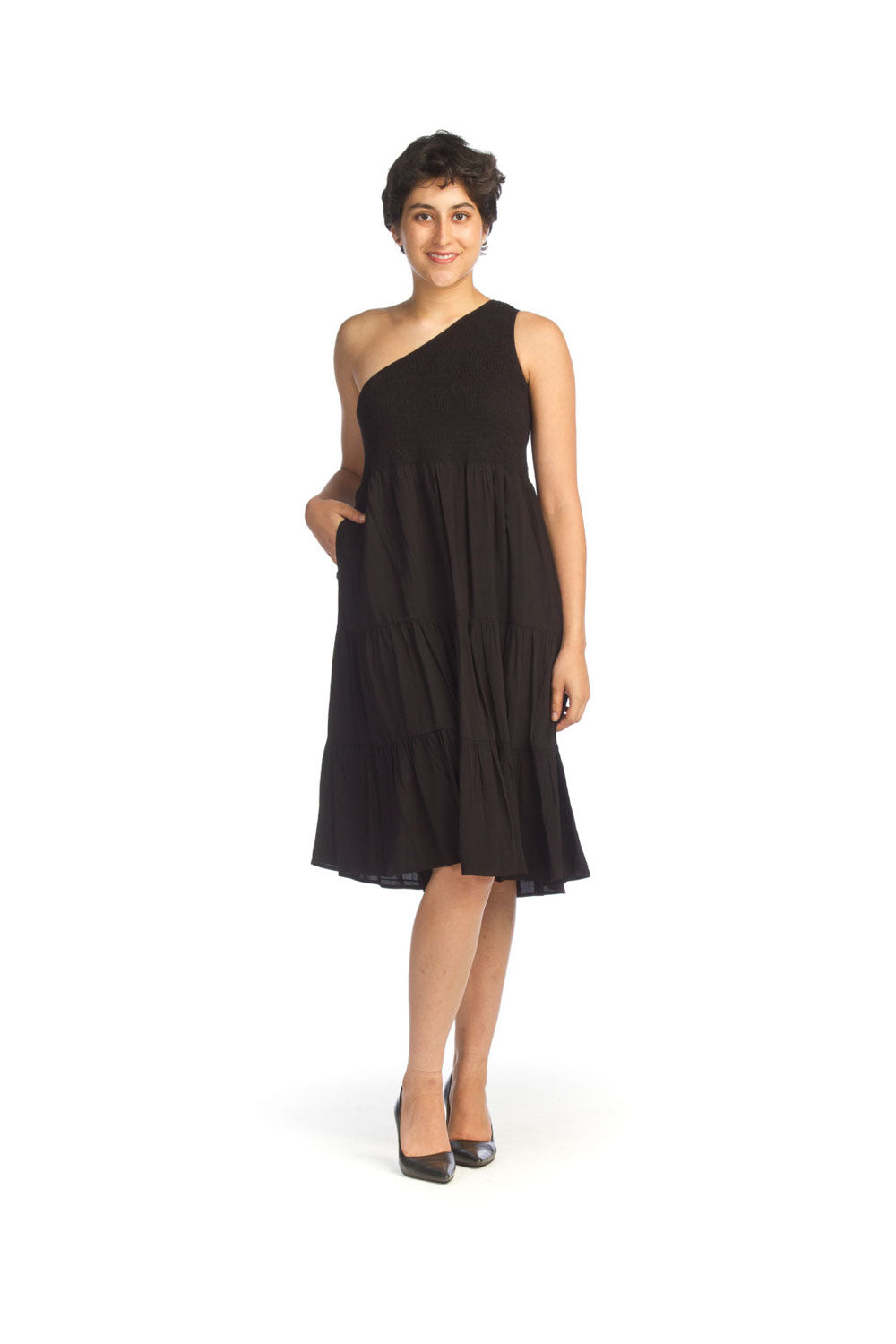 Black Smocked One Shoulder Dress with Pockets