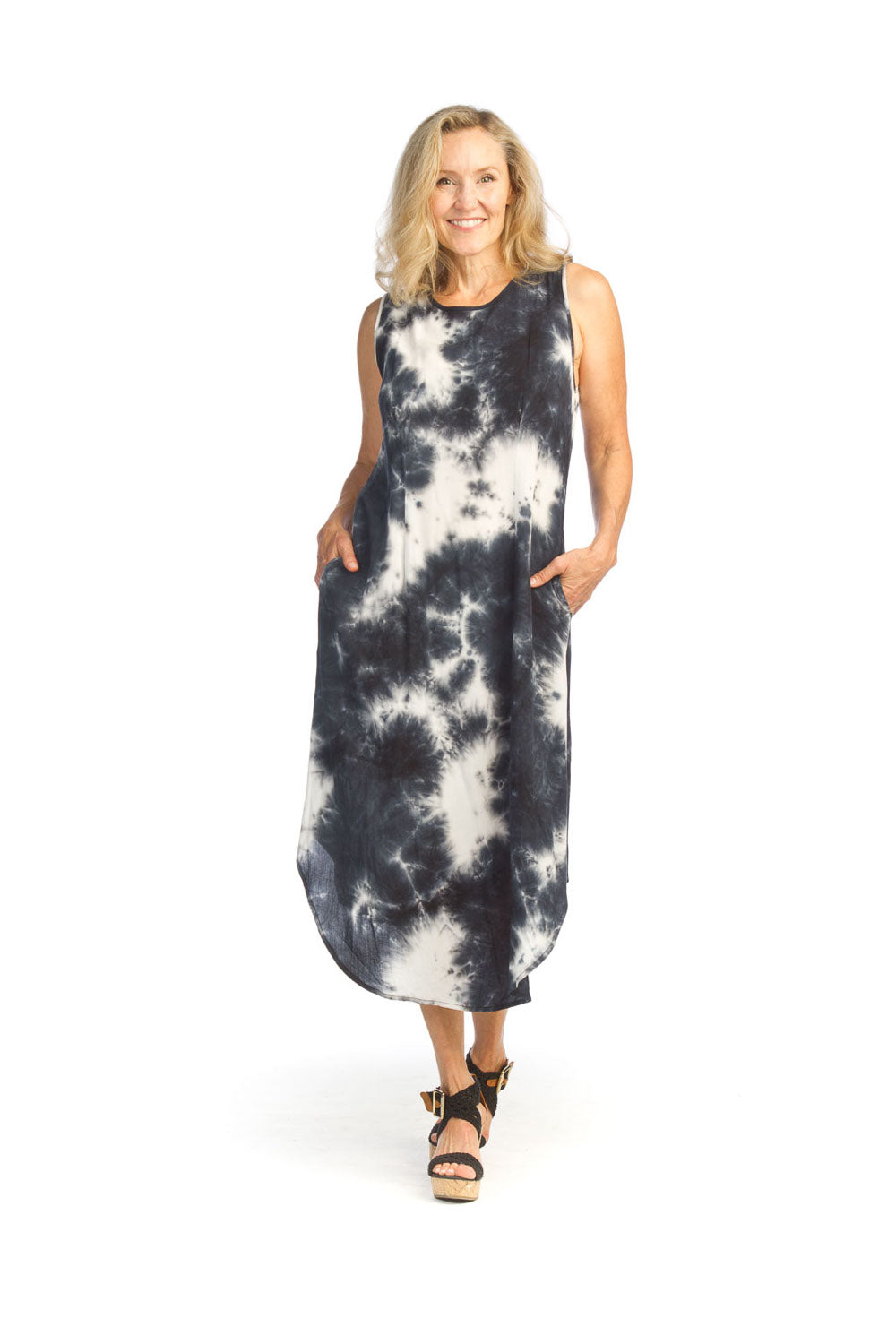 Navy Tie Dye Panelled Dress with Back Zip