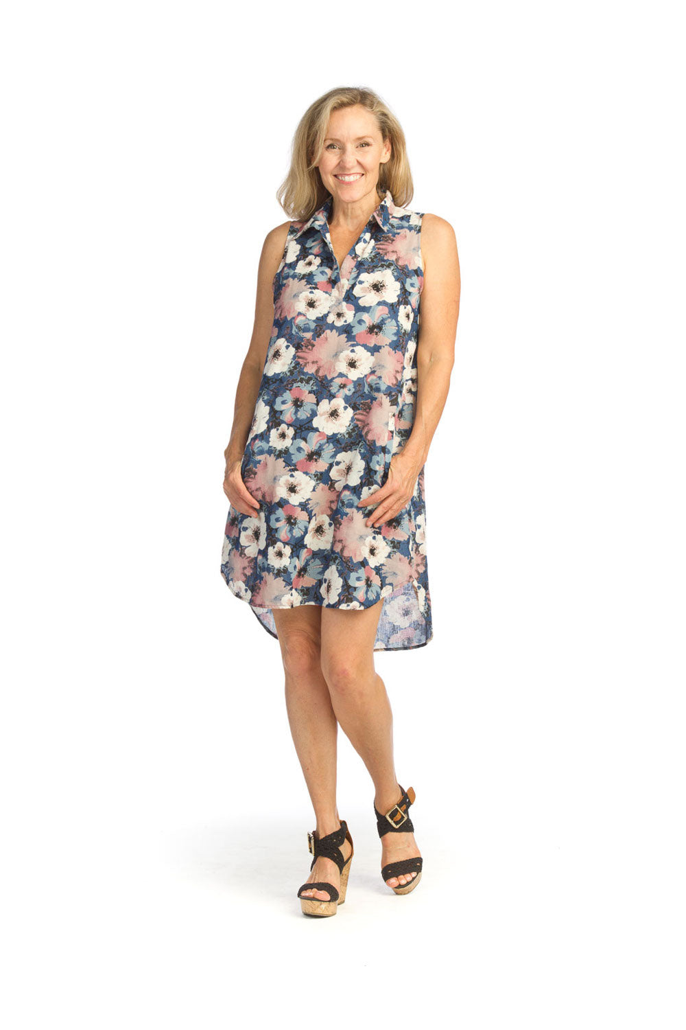 multi Large Floral Collared Shirt Hem Dress w Pockets