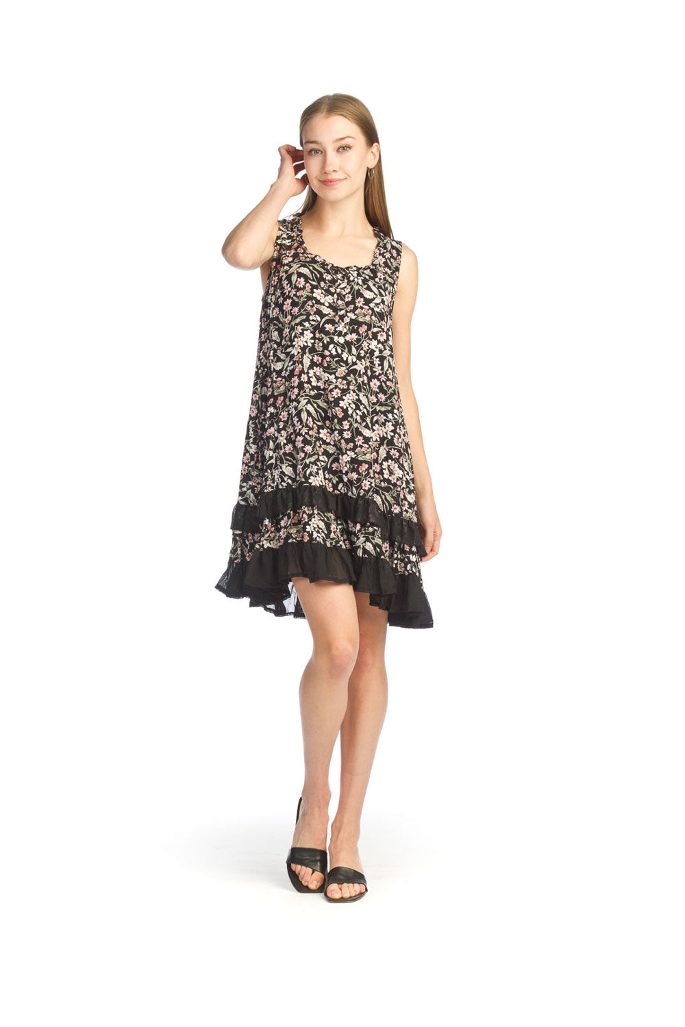 Black/Pink Ditsy Floral Print Ruffle Hem Dress