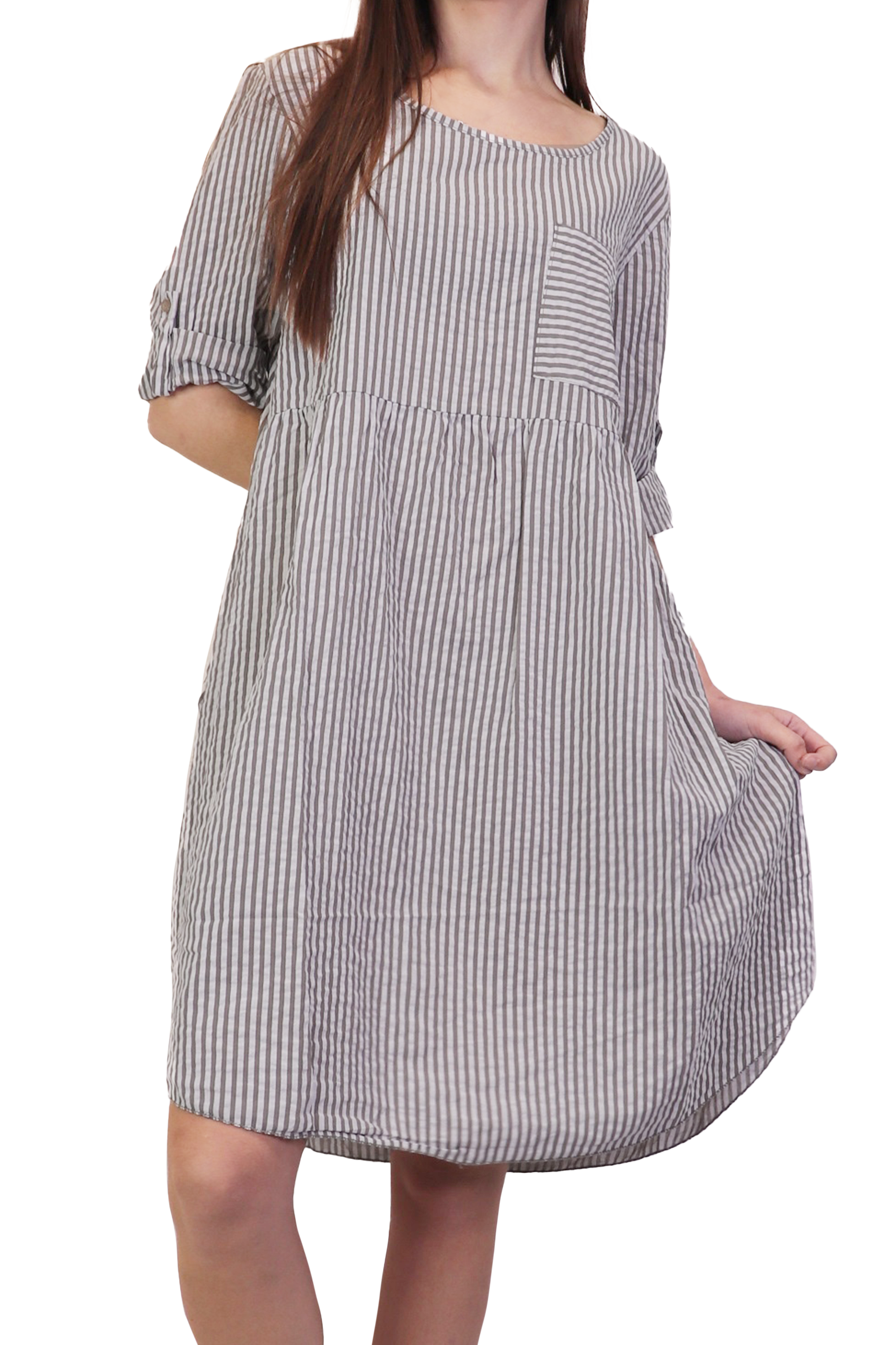 BEIGE Cotton Seersucker Oversizede Short Sleeve Dress