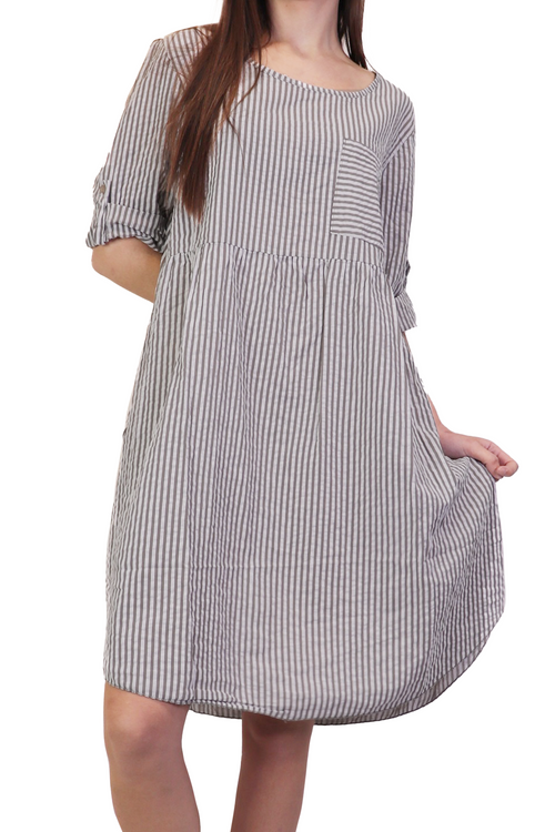 BEIGE Cotton Seersucker Oversizede Short Sleeve Dress