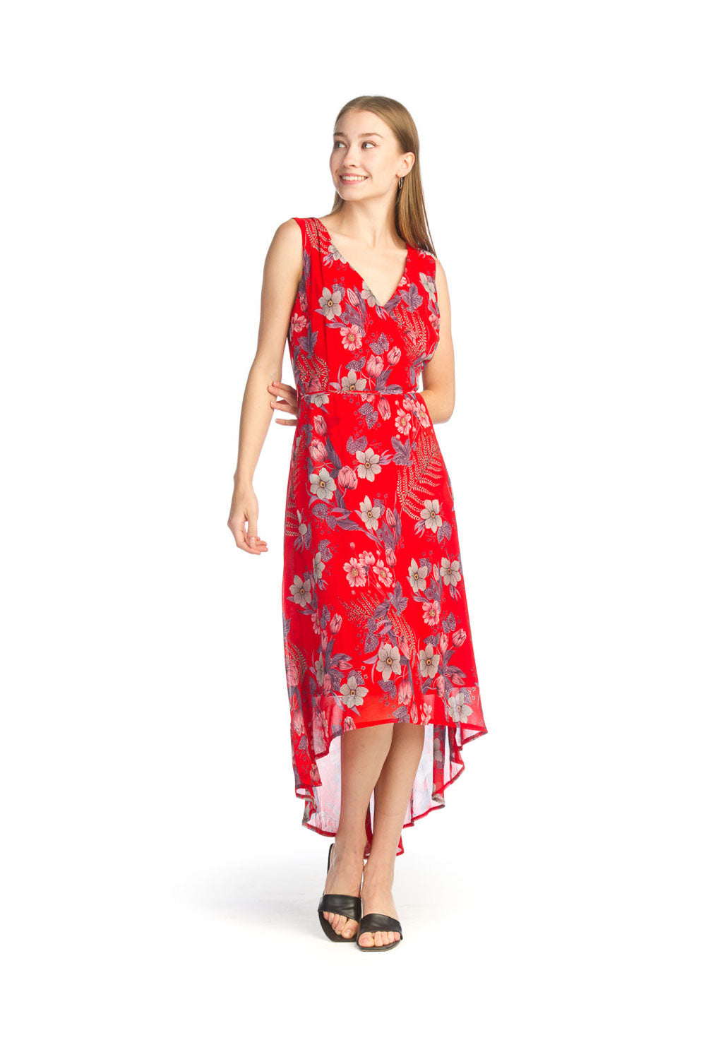 red Floral Faux Wrap High Low Dress