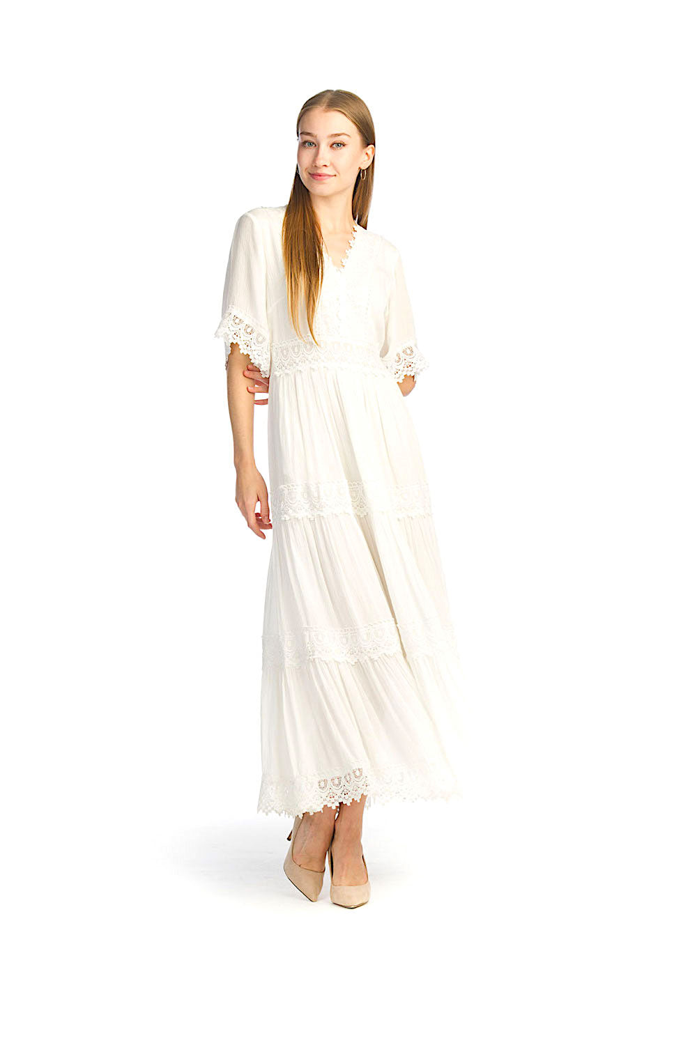 WHITE Lace Trim Short Sleeve Maxi Dress