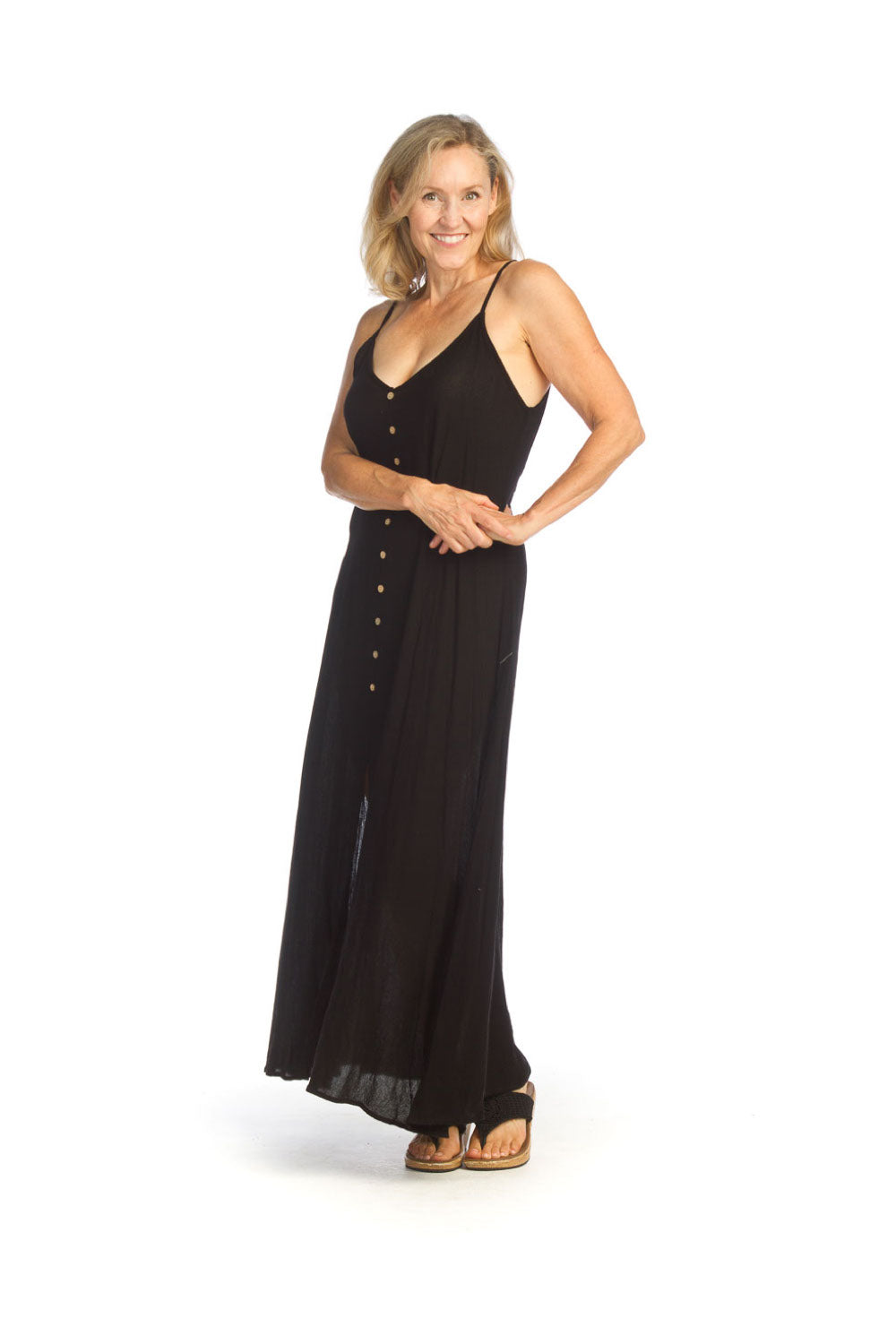 Black Crinkled Button Front Dress with Elastic Back