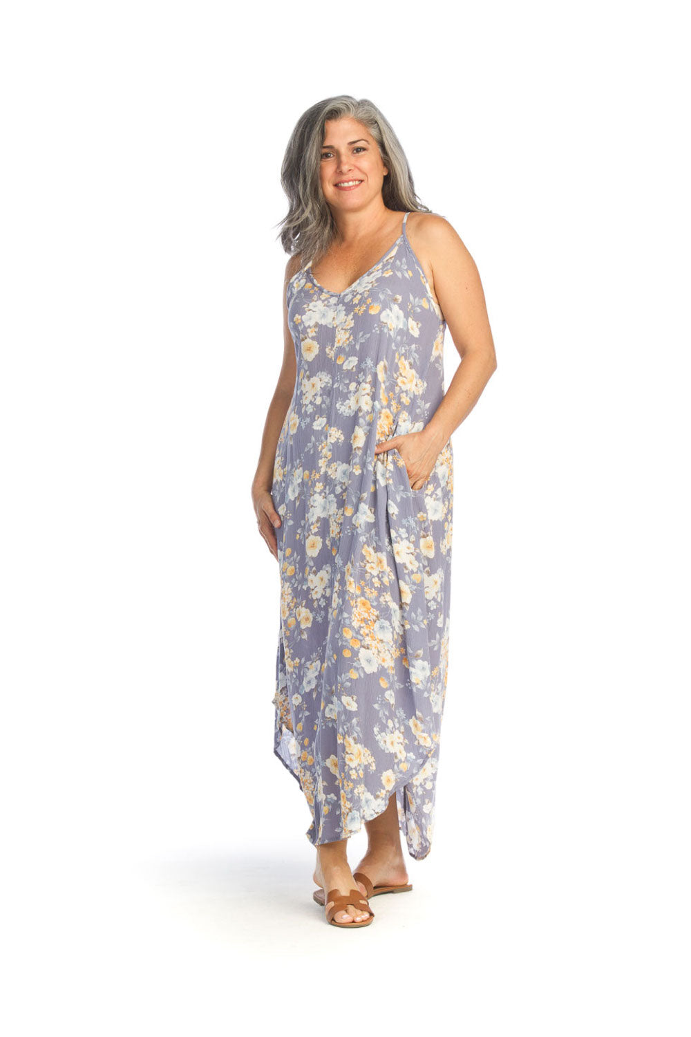 slate Floral Print Maxi Dress with Pockets