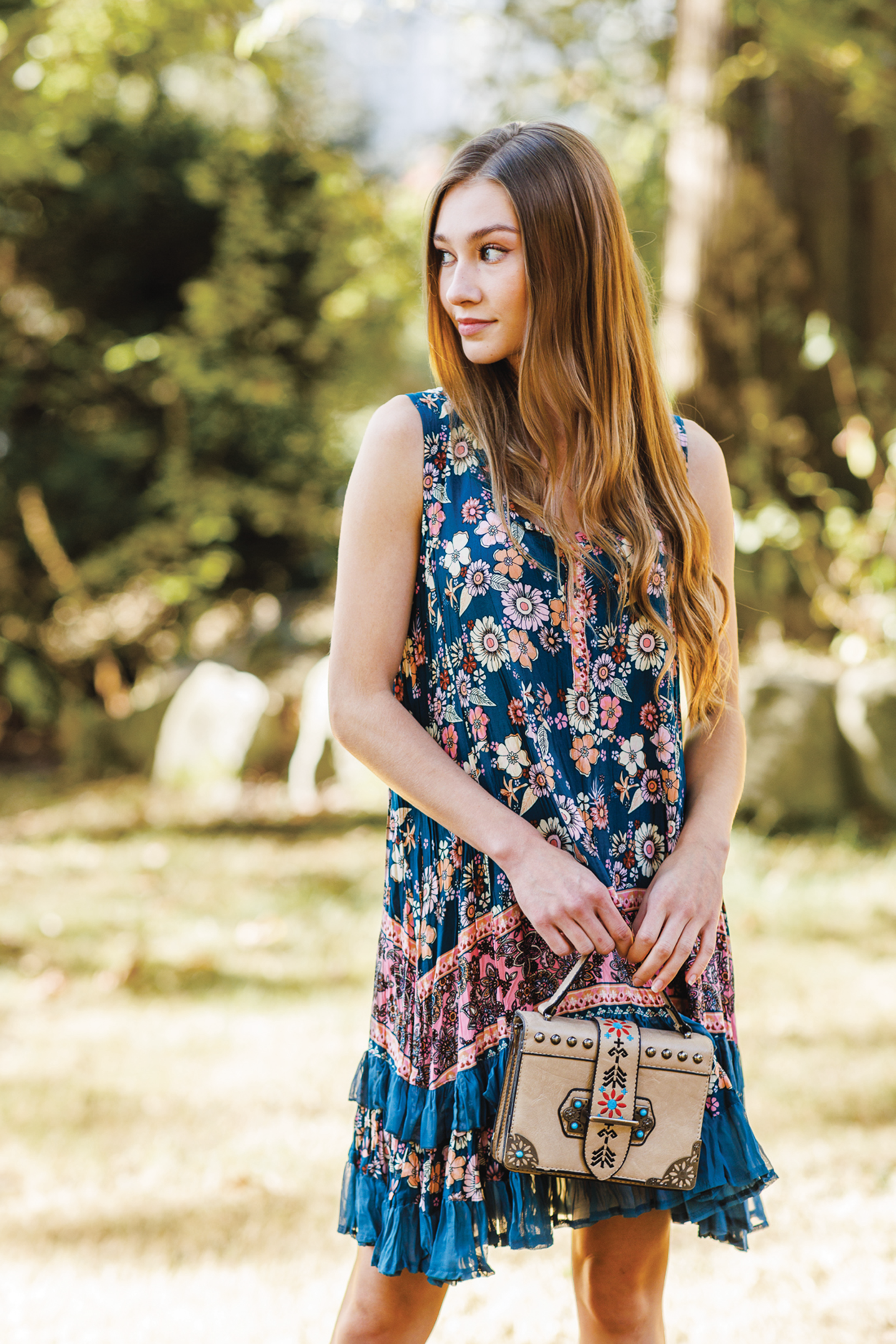 TEAL Floral Border Print Ruffle Hem Dress