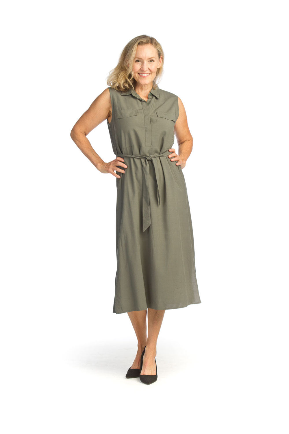 khaki Utility Look Collared Dress with Tie Belt