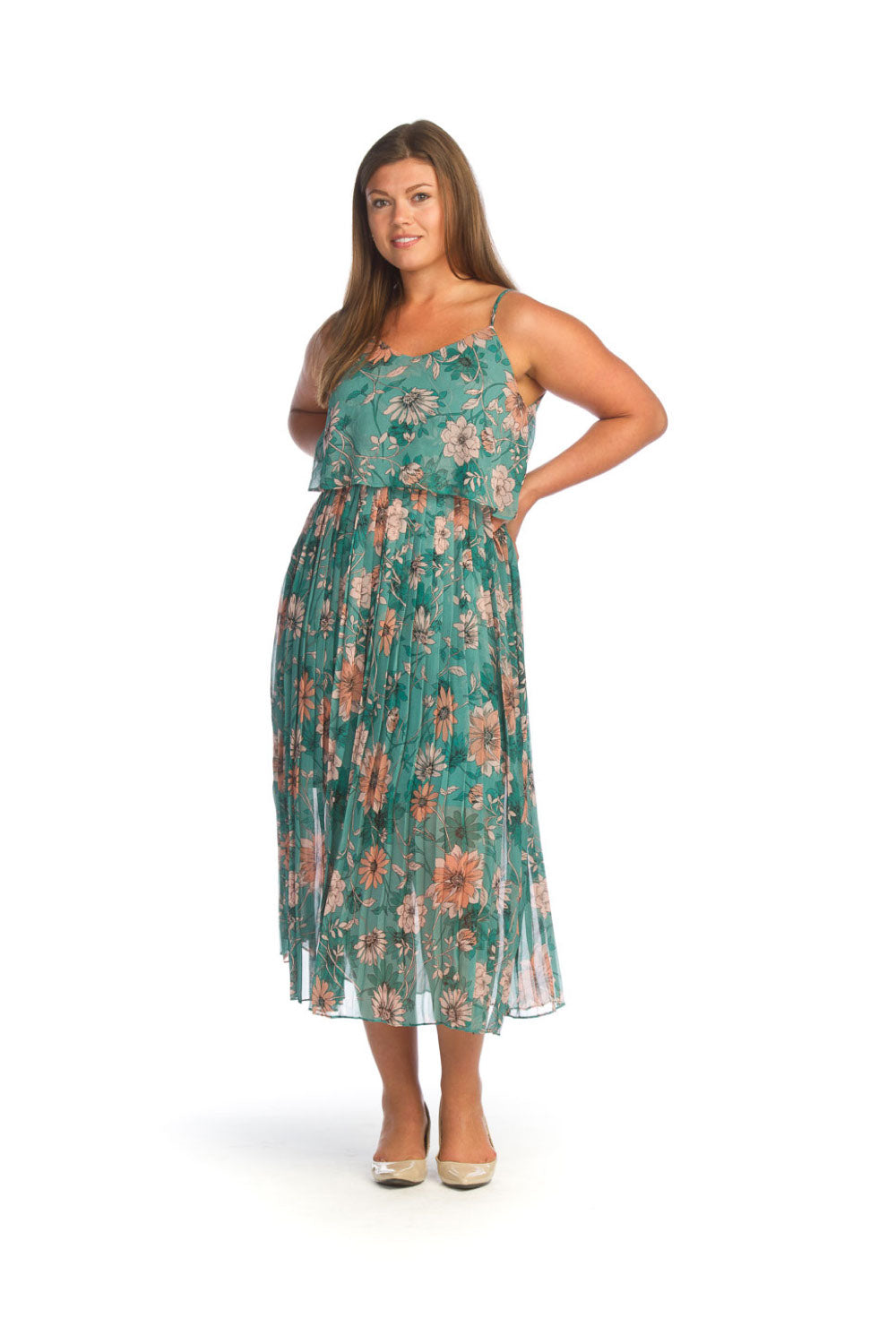 Green Floral Overlay Pleated Dress w Adjustable Straps