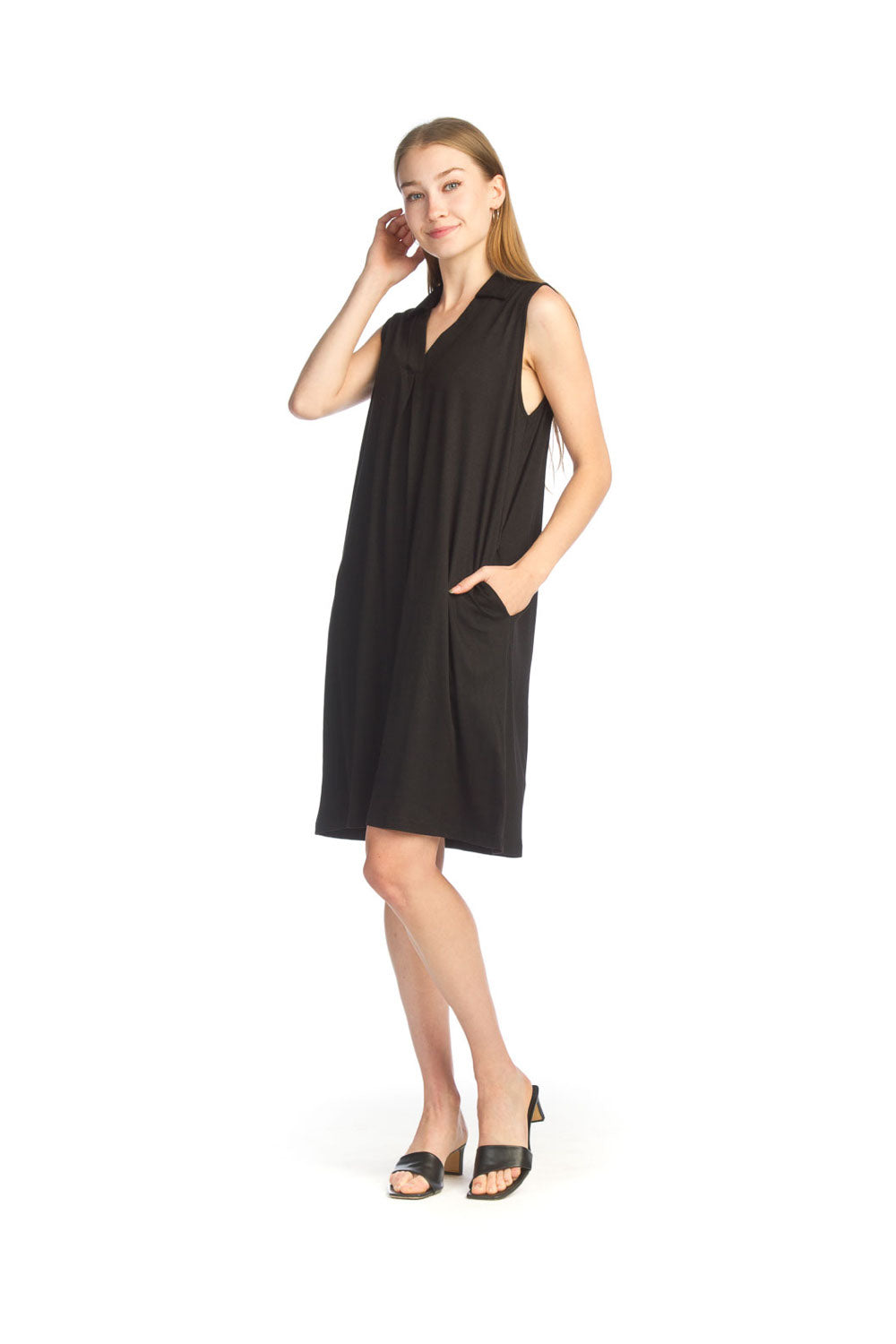 Black Stretchy Collared Dress with Pockets