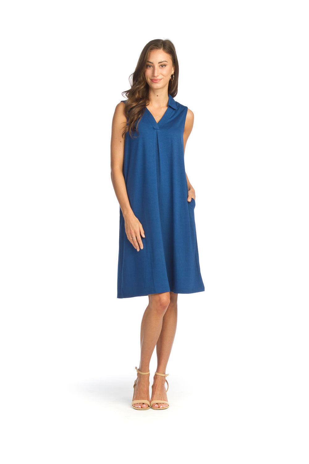 Blue Stretchy Collared Dress with Pockets