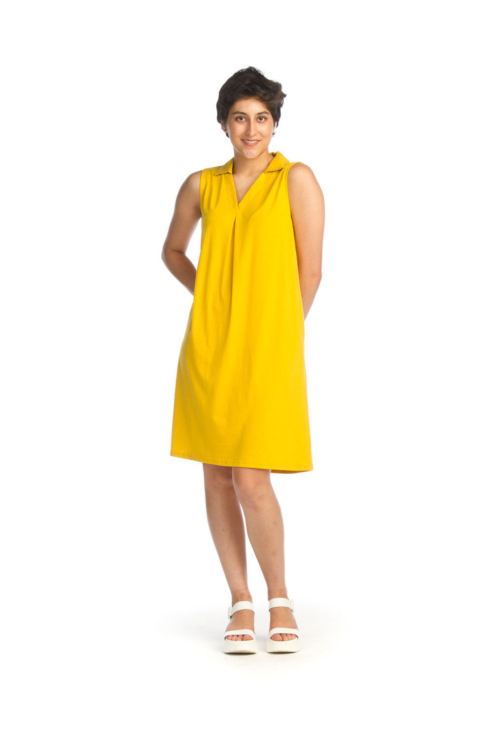 mustard Stretchy Collared Dress with Pockets