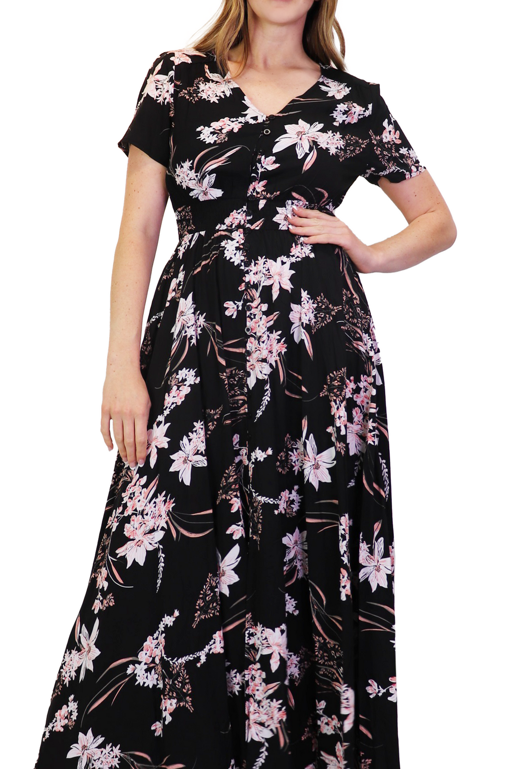BLACK Floral Smocked Button Front Maxi Dress w Pockets