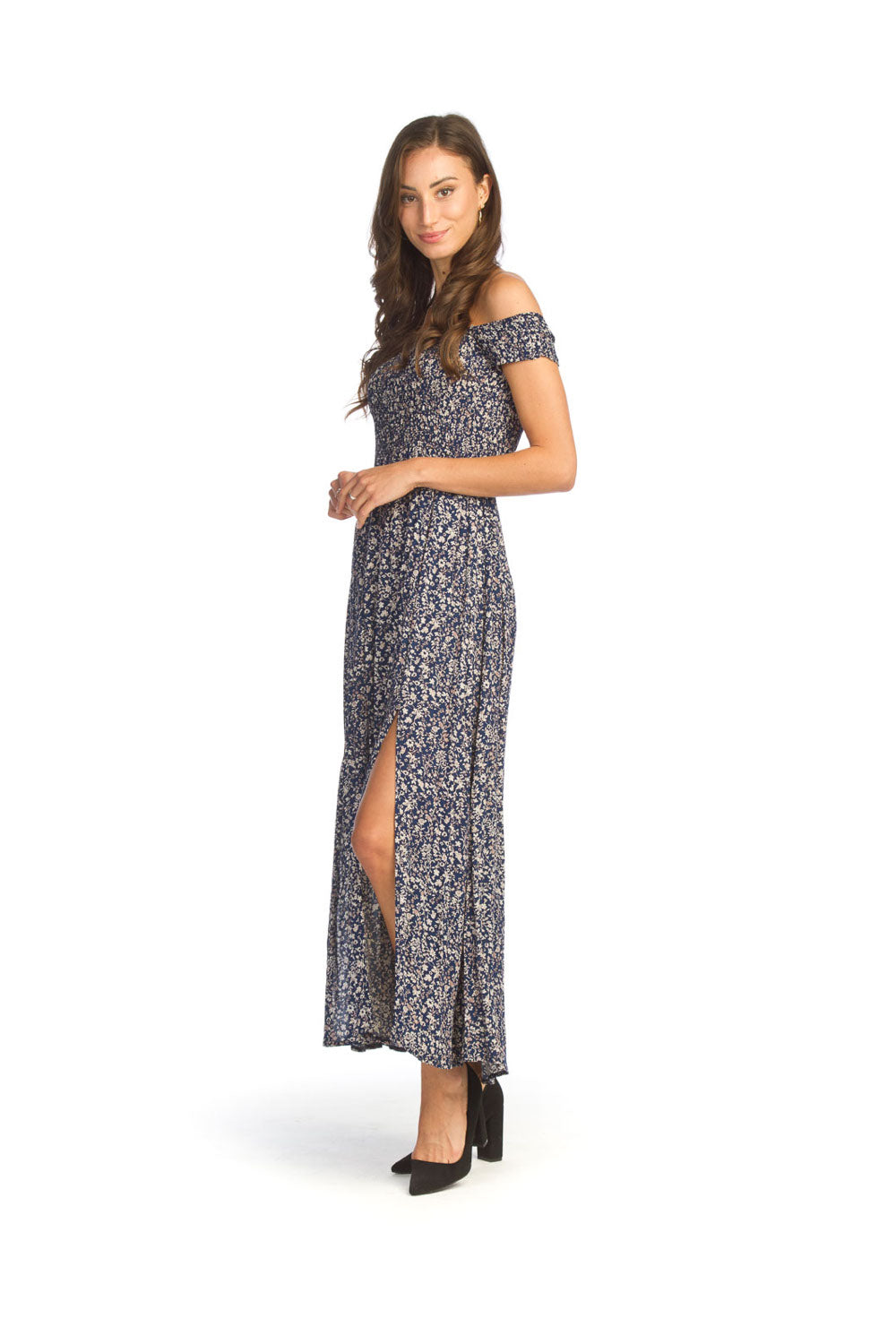 Navy Ditsy Floral Smocked OTS Dress with Slit